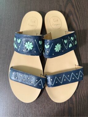 Jack Rogers Adair Slide Sandals Navy & Mint Floral Size 9.5, Gently Used